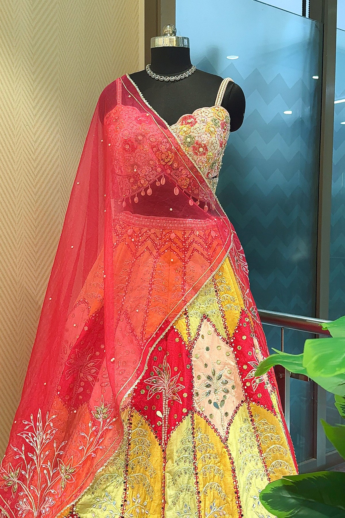 Multi Colored Silk Embroidered and Mirror Worked Lehenga - red silk saree embroidered