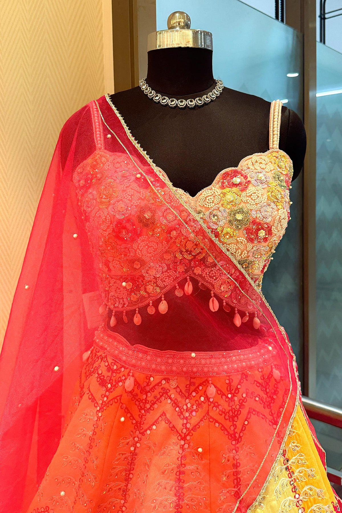 Multi Colored Silk Embroidered and Mirror Worked Lehenga - red silk saree embroidered