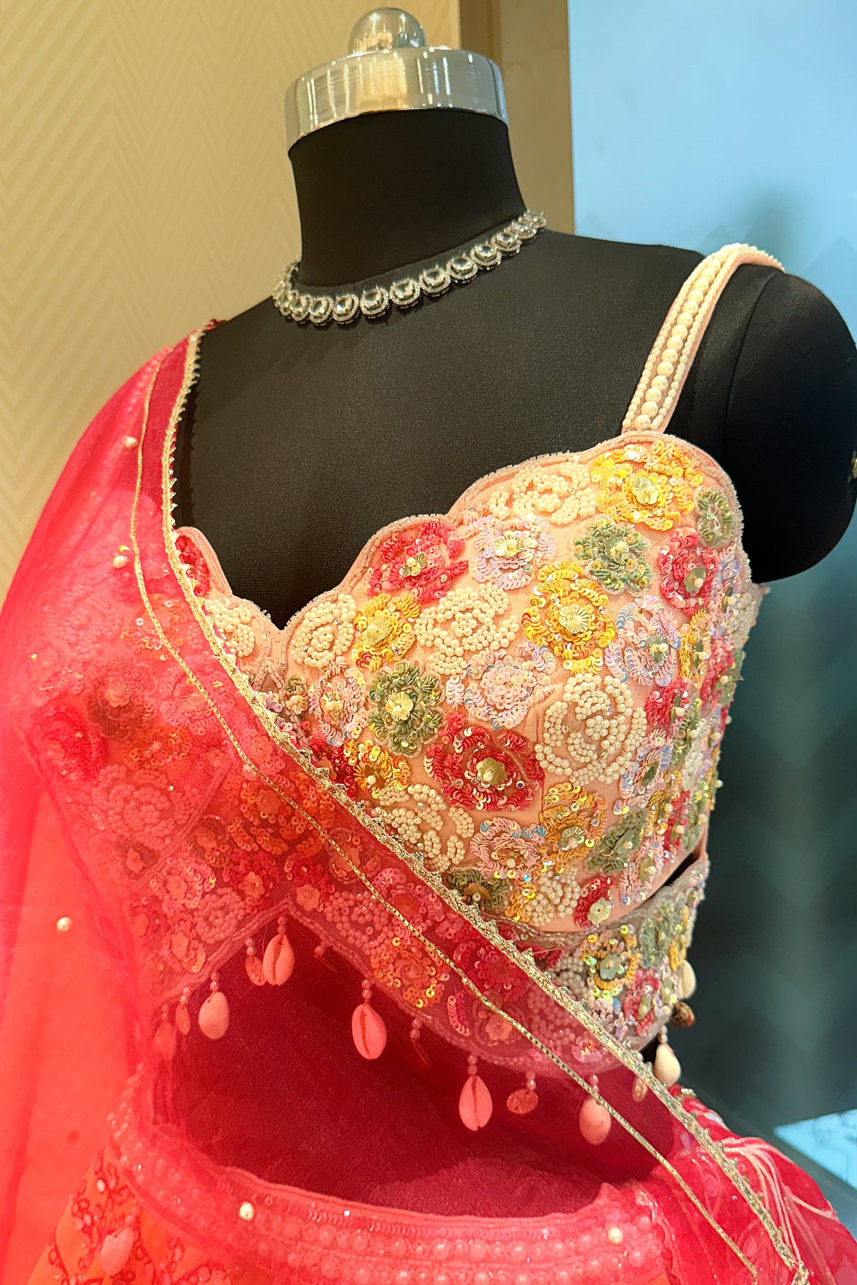 Multi Colored Silk Embroidered and Mirror Worked Lehenga - red silk saree embroidered