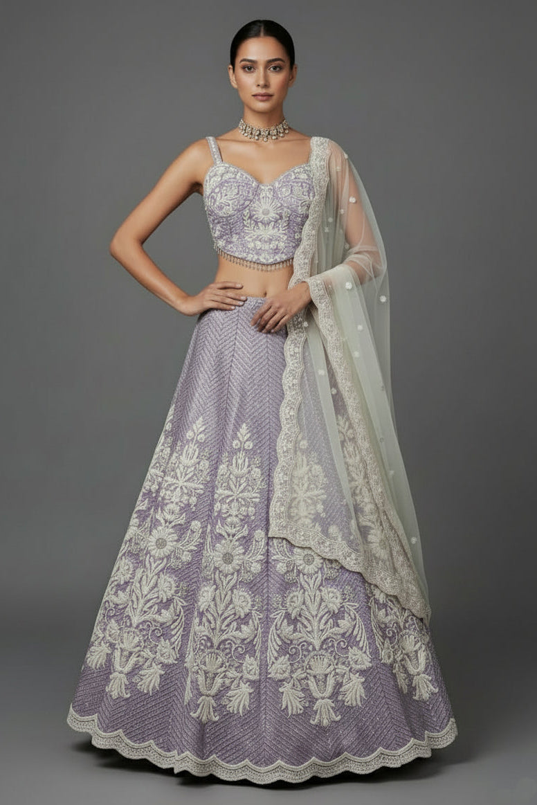 Lavender Purple Net Designer Lehenga with Corset - purple net saree