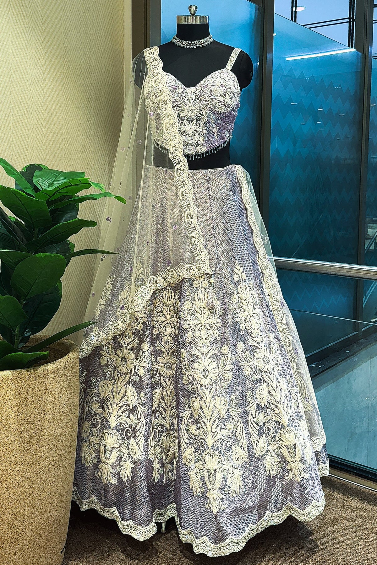 Lavender Purple Net Designer Lehenga with Corset - purple net saree