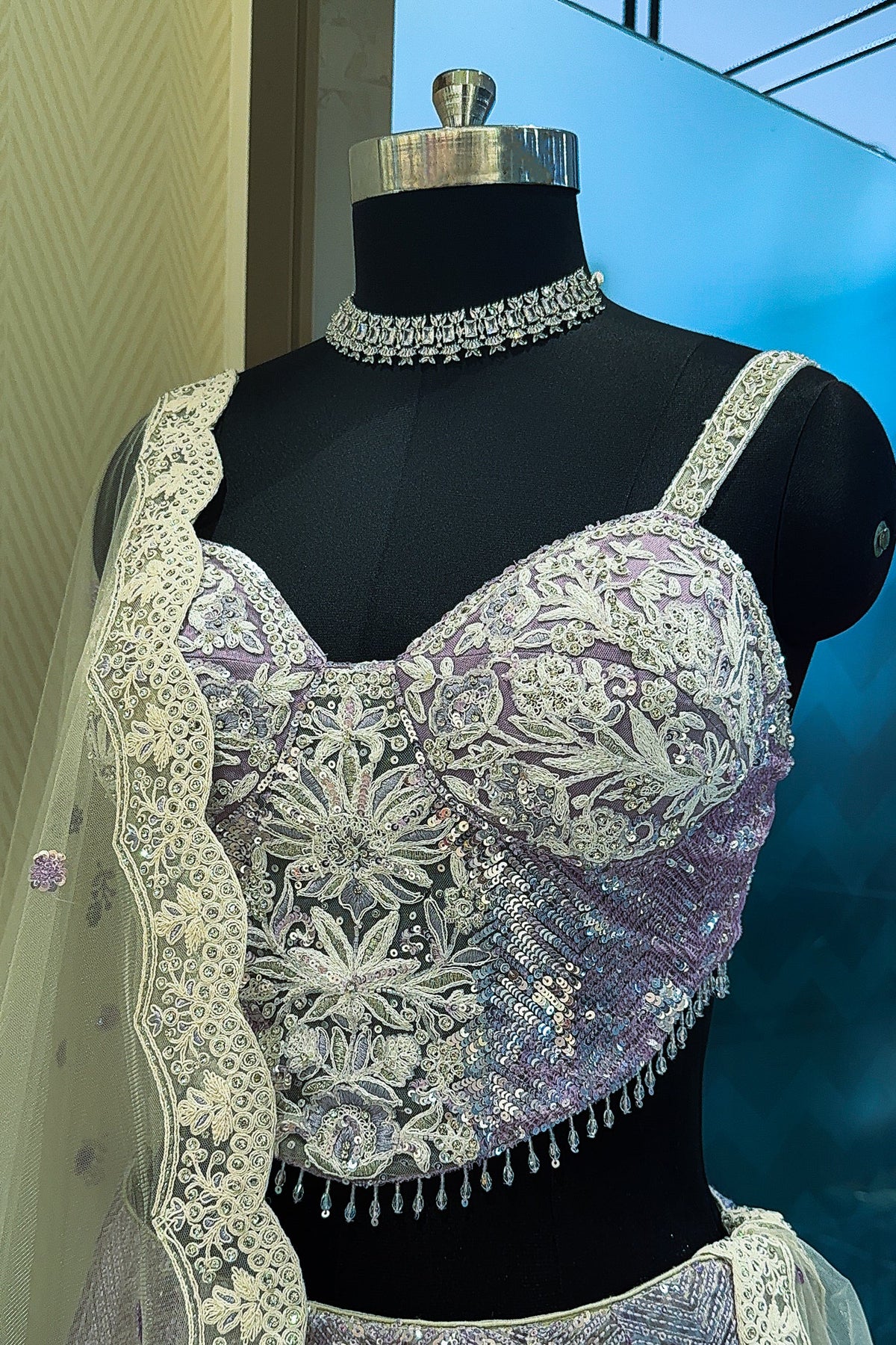 Lavender Purple Net Designer Lehenga with Corset - purple net saree