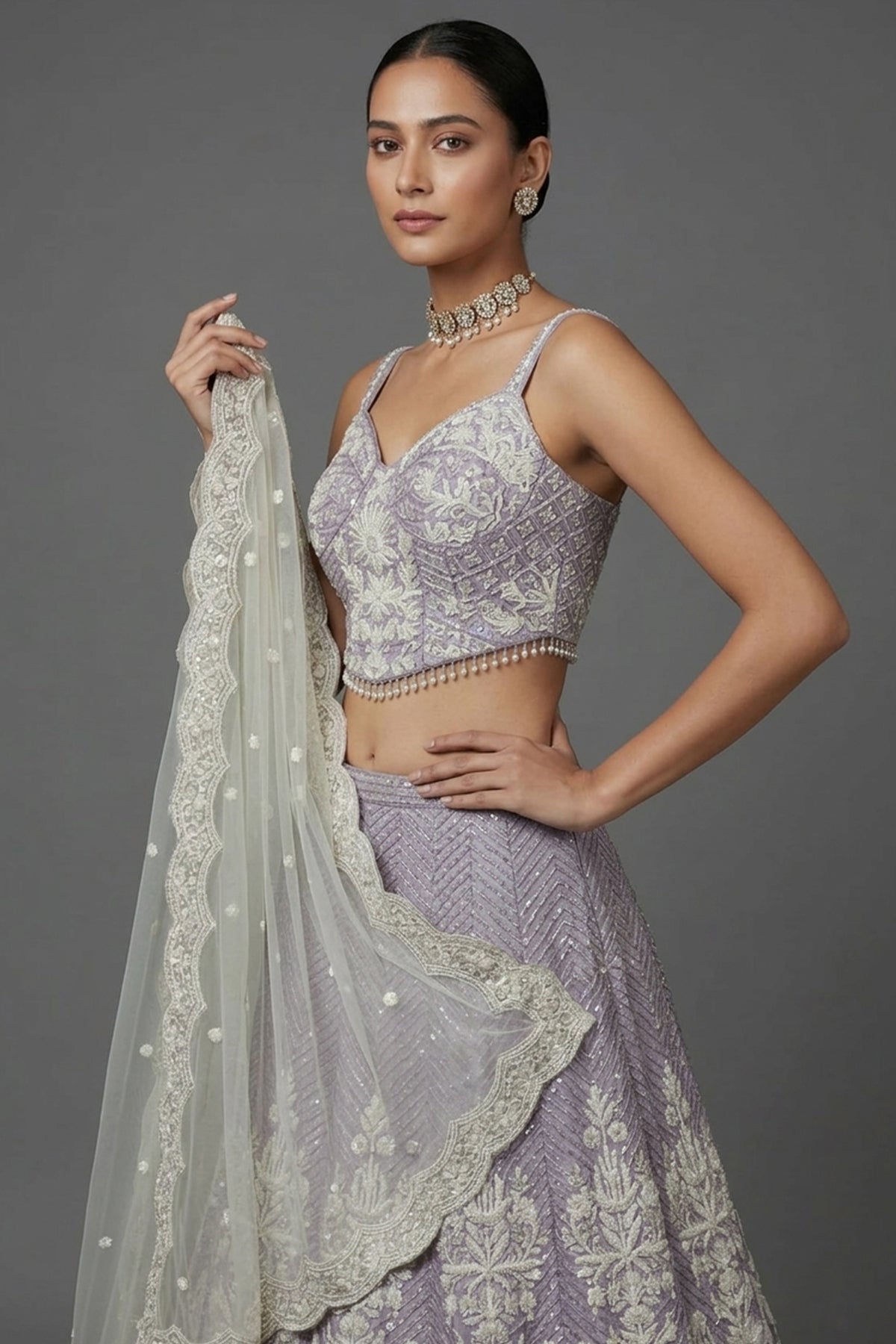Lavender Purple Net Designer Lehenga with Corset - purple net saree