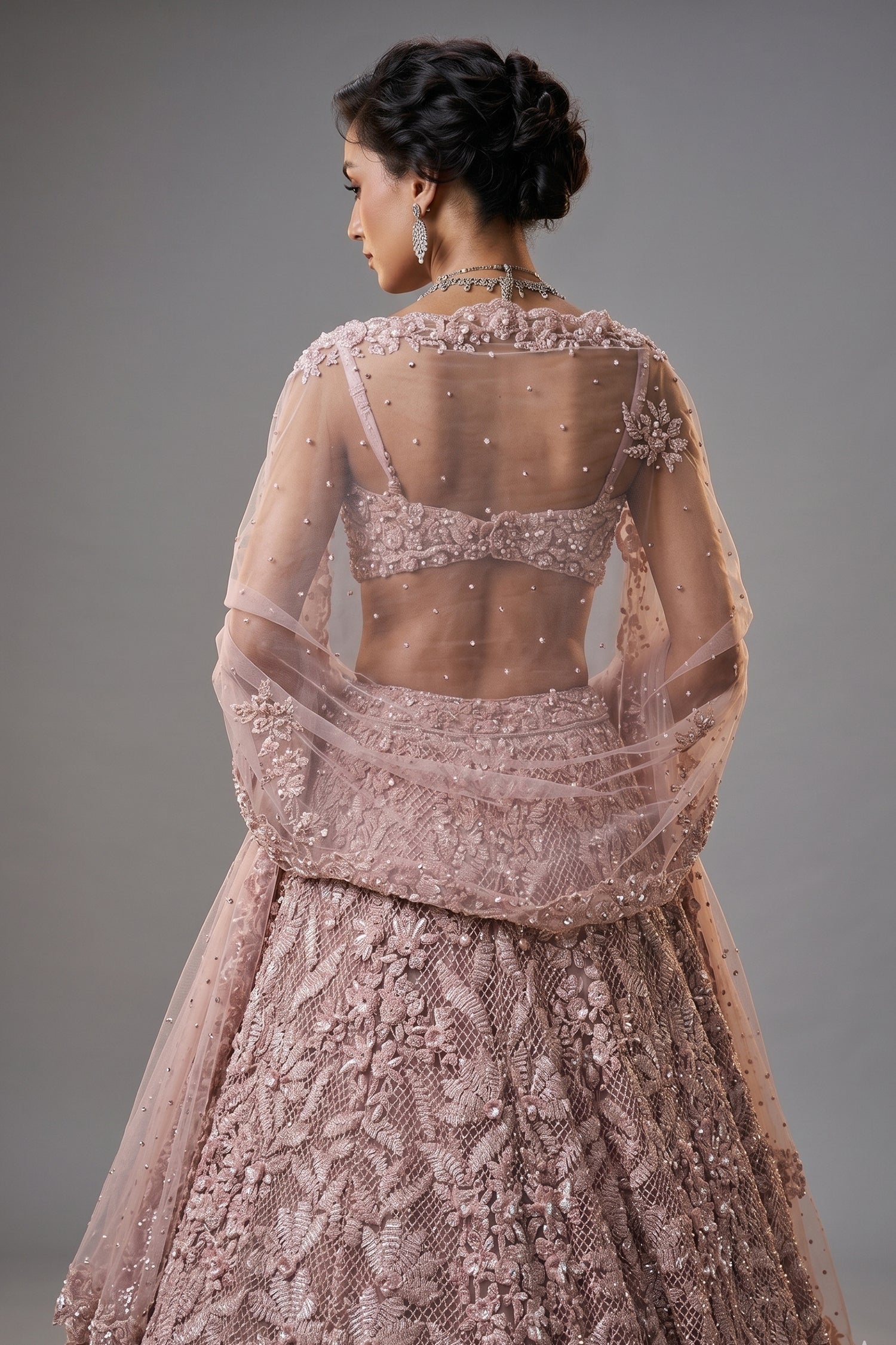 Dusty Pink Net Designer Sequin Beaded Lehenga with One Shoulder Blouse and Cape Dupatta Secondary image
