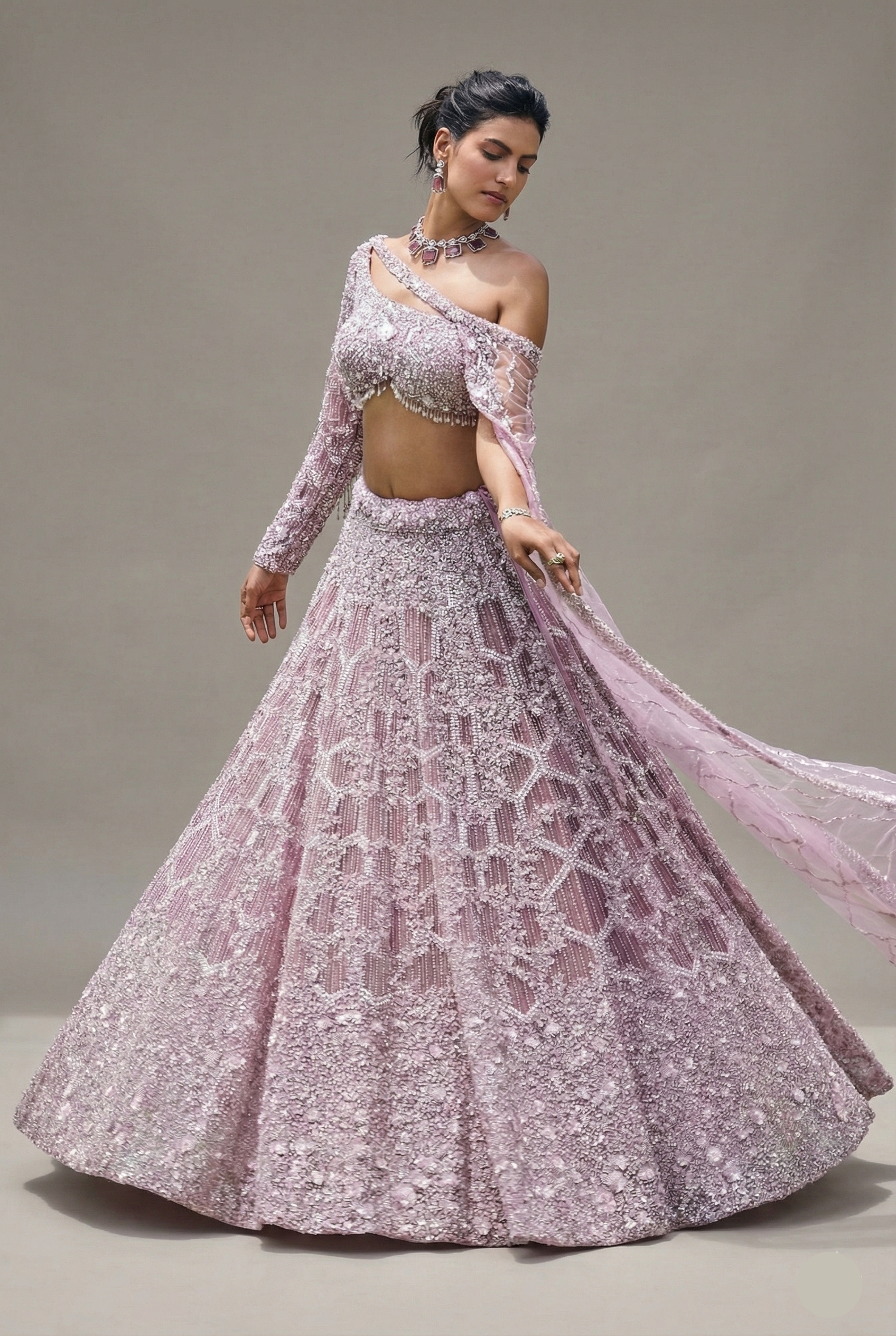 Dusty Pink Net Designer Sequin Beaded Lehenga with One Shoulder Blouse and Cape Dupatta Main image