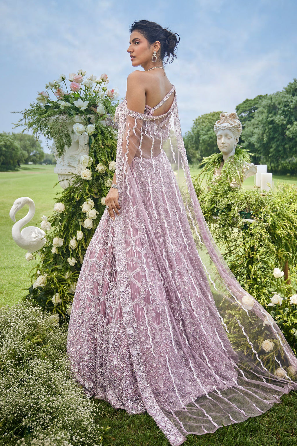 Dusty Pink Net Designer Sequin Beaded Lehenga with One Shoulder Blouse and Cape Dupatta