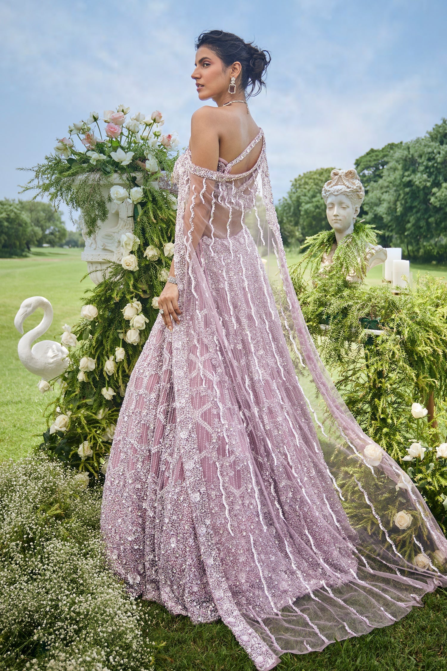 Dusty Pink Net Designer Sequin Beaded Lehenga with One Shoulder Blouse and Cape Dupatta