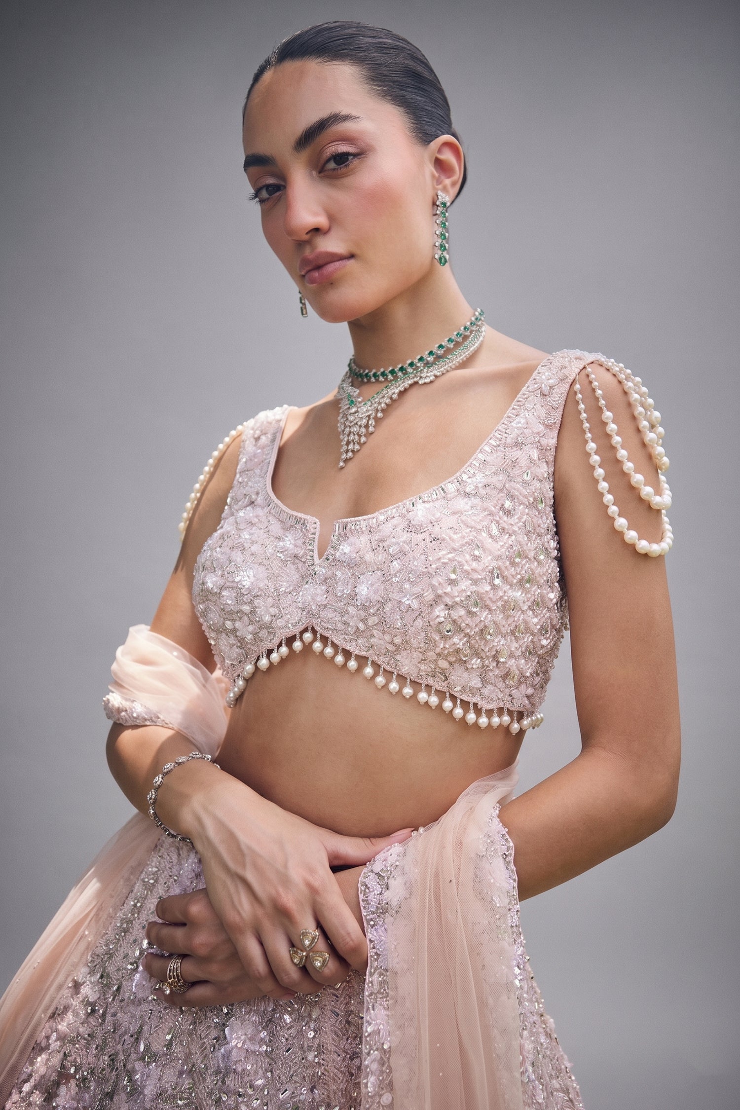 Peach Net Designer All Over Sequin Beaded Lehenga Secondary image
