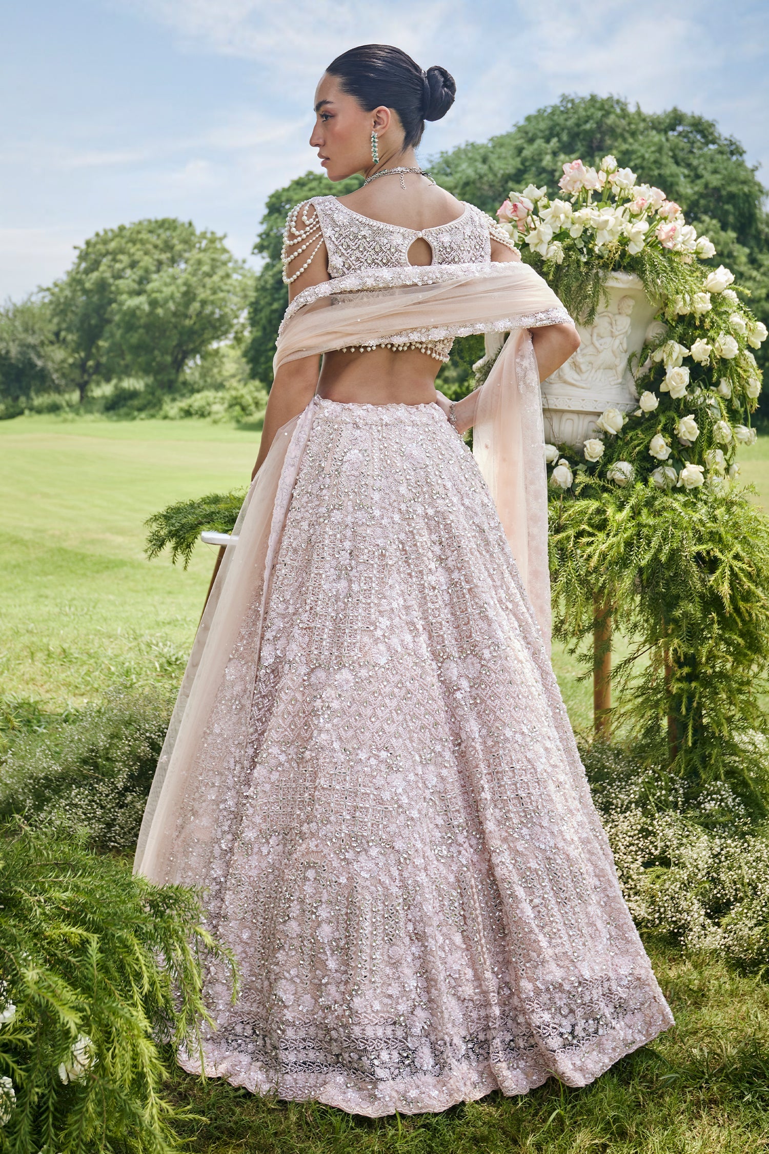 Peach Net Designer All Over Sequin Beaded Lehenga