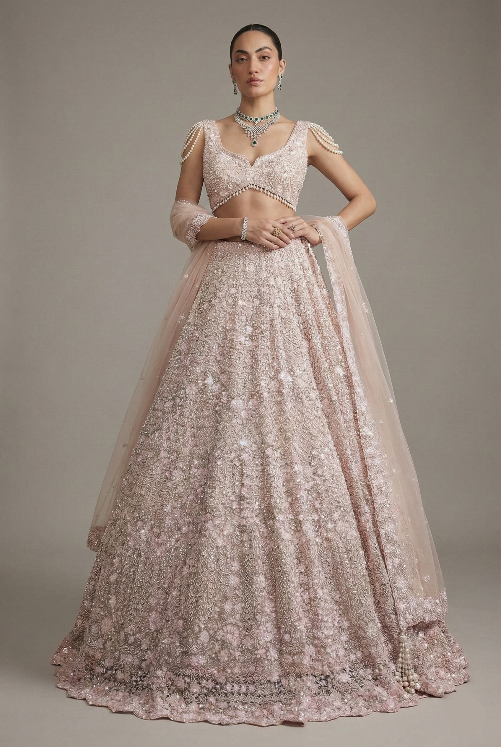 Peach Net Designer All Over Sequin Beaded Lehenga Main image