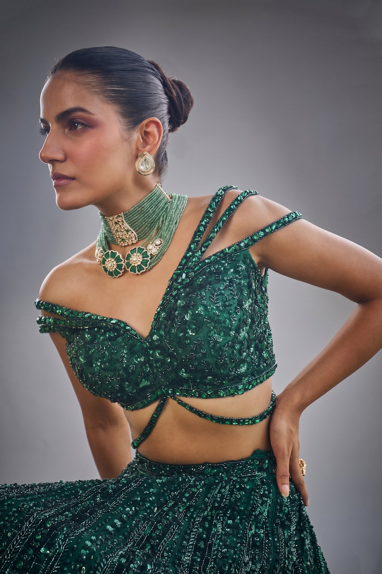 Dark Green Net Designer Sequin Cutdana Worked Lehenga with Embellished Blouse Secondary image