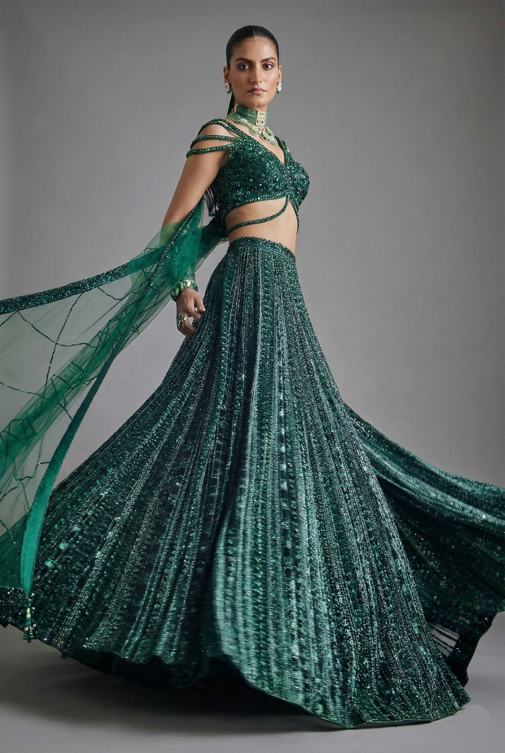 Dark Green Net Designer Sequin Cutdana Worked Lehenga with Embellished Blouse Main image