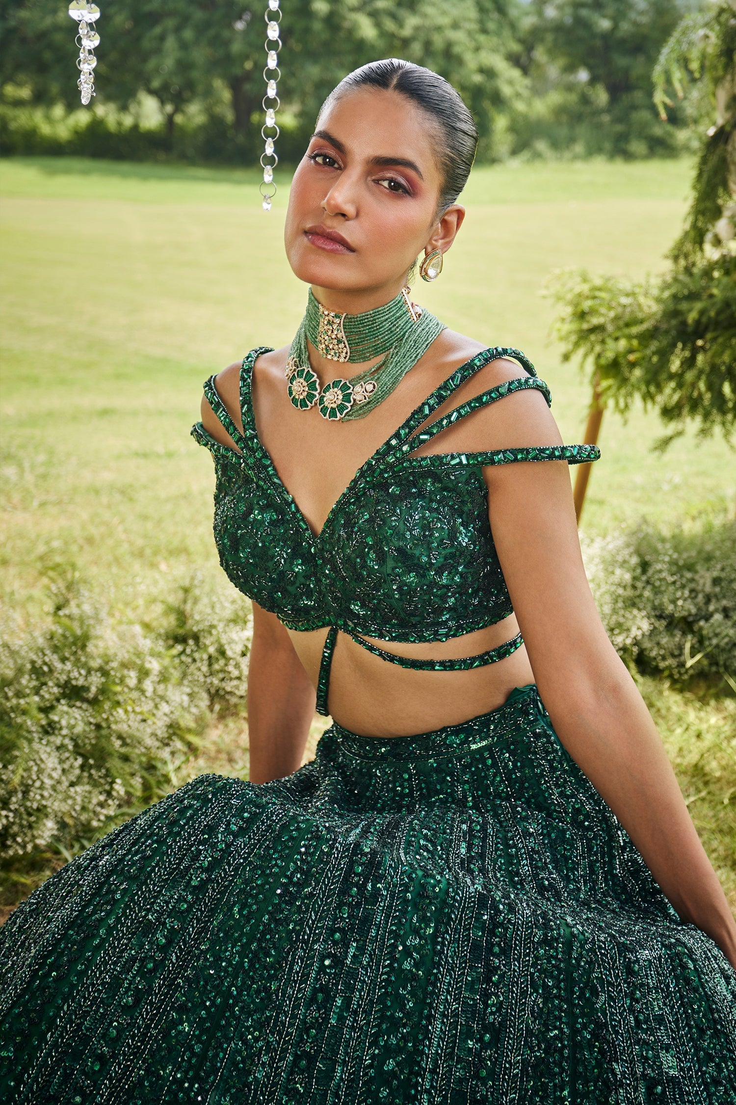 Dark Green Net Designer Sequin Cutdana Worked Lehenga with Embellished Blouse