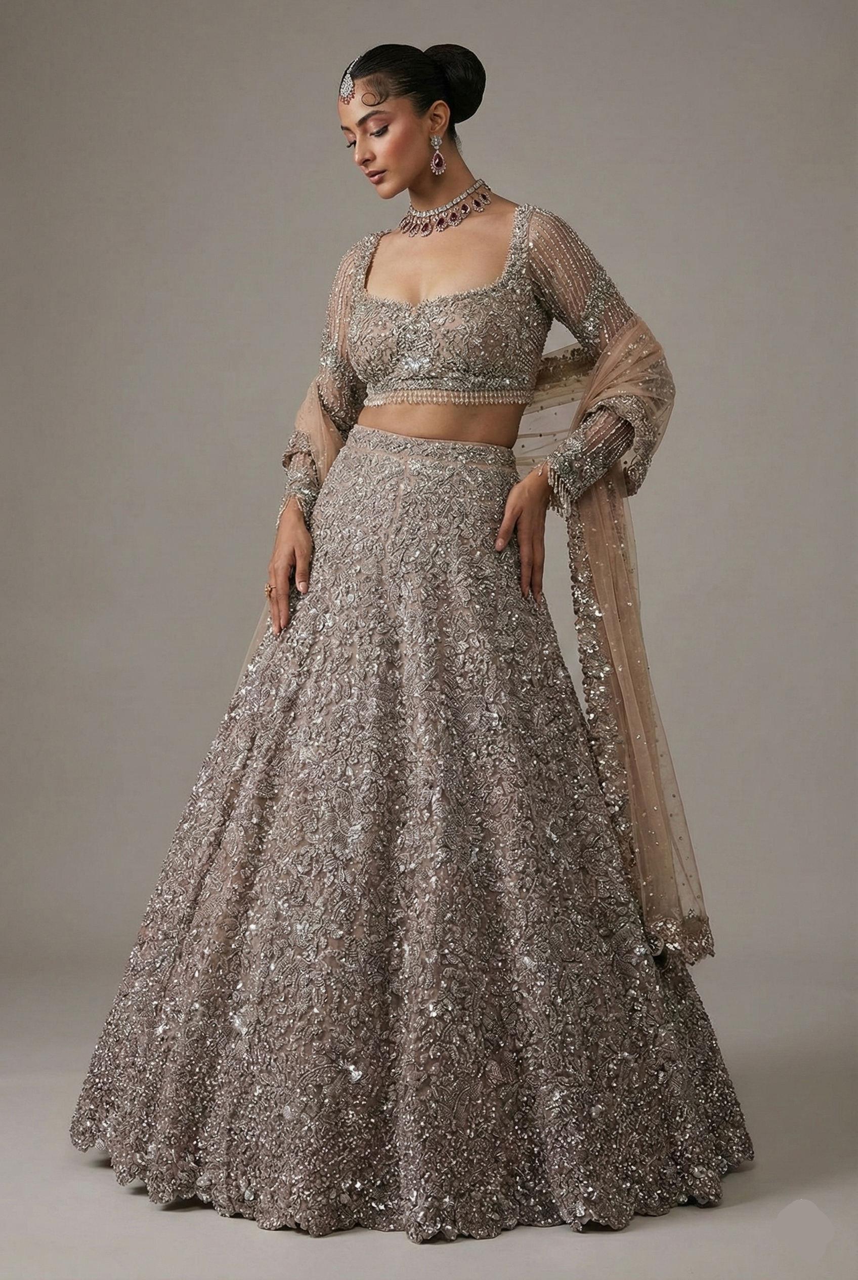 Brown Net Designer Embellished Lehenga with Heavy Work Main image