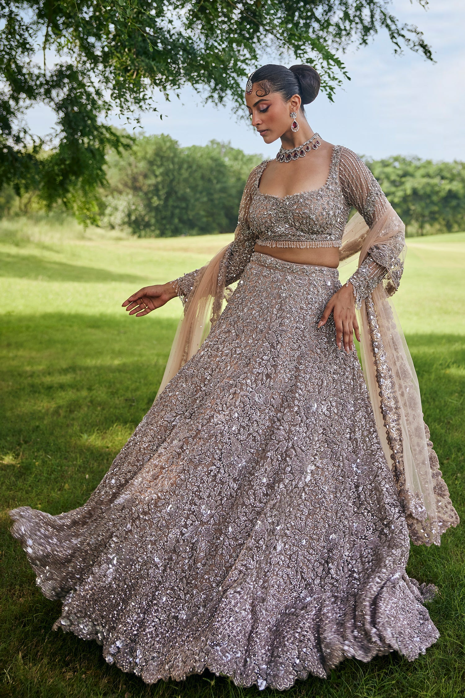 Brown Net Designer Embellished Lehenga with Heavy Work