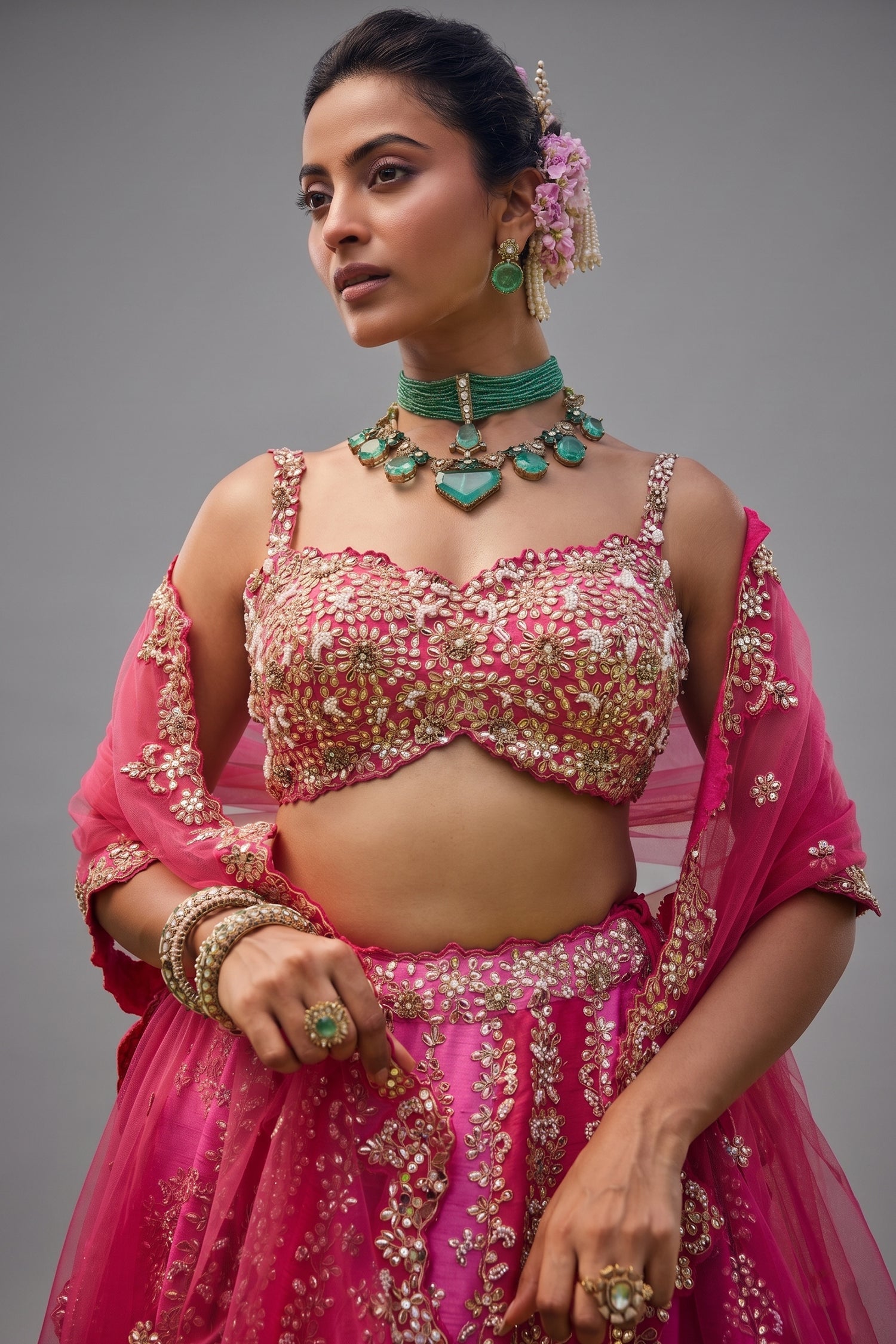 Pink Shaded Raw Silk Heavy Handworked Lehenga Secondary image