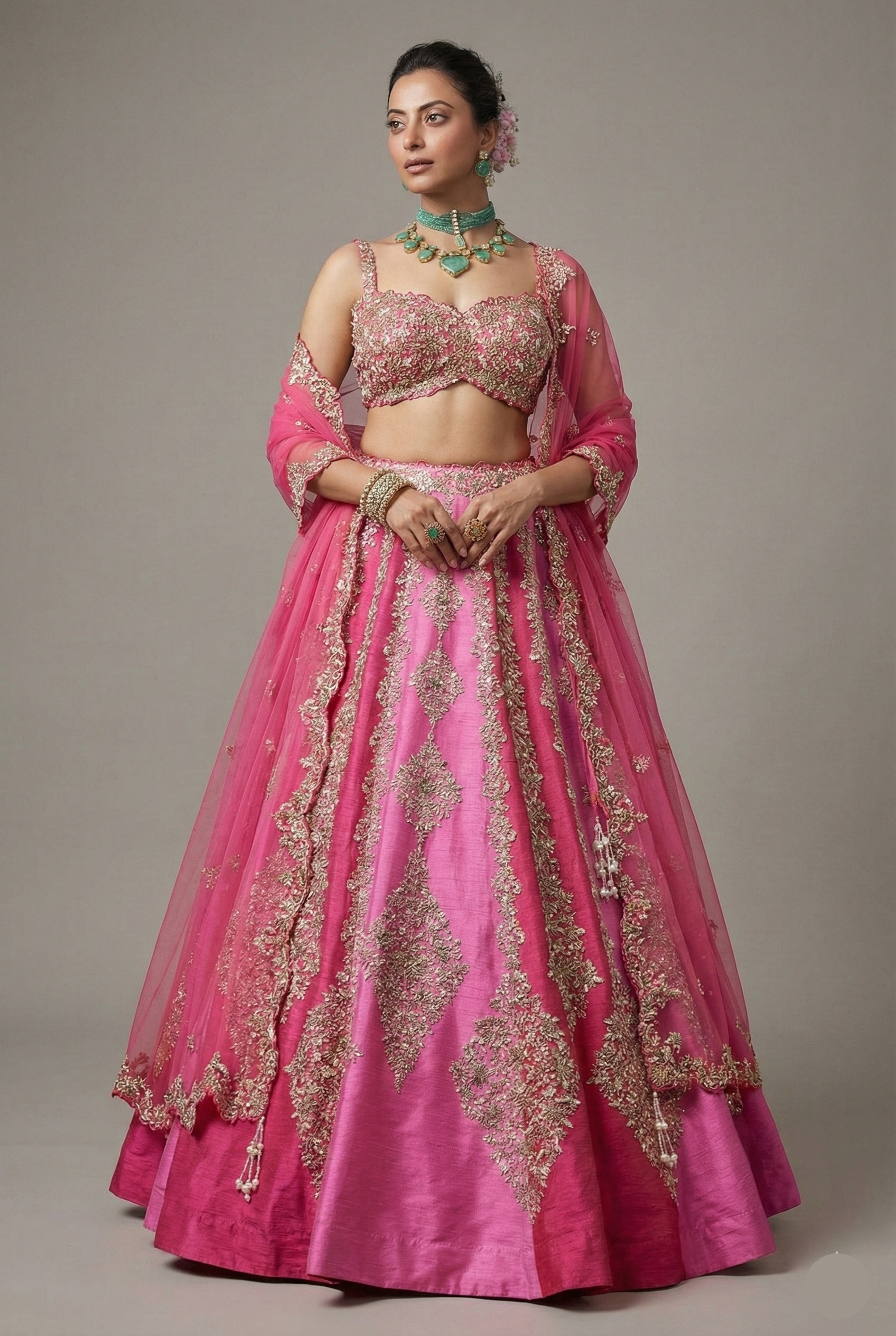 Pink Shaded Raw Silk Heavy Handworked Lehenga Main image