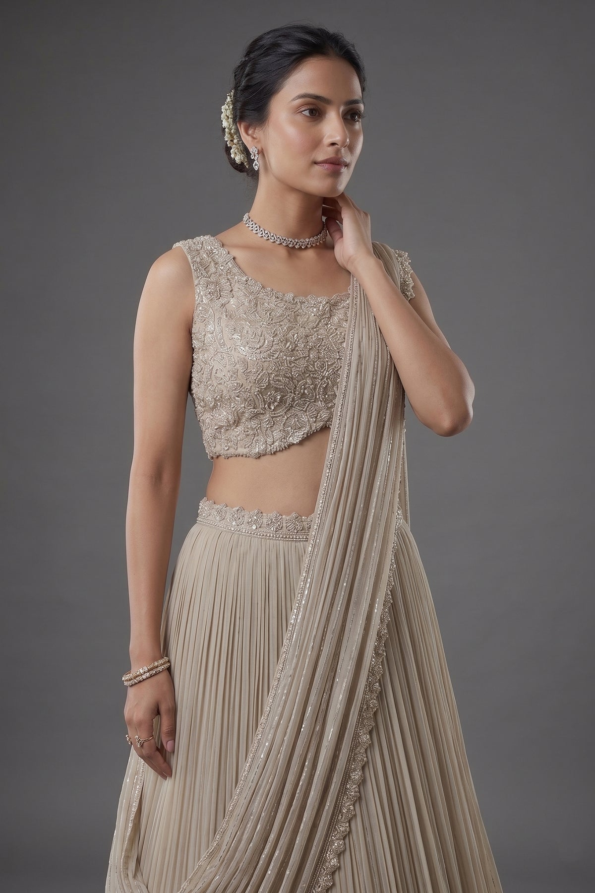 Grey Chinon Silk Sequin Cutdana Work Lehenga with Attached Dupatta - grey silk saree