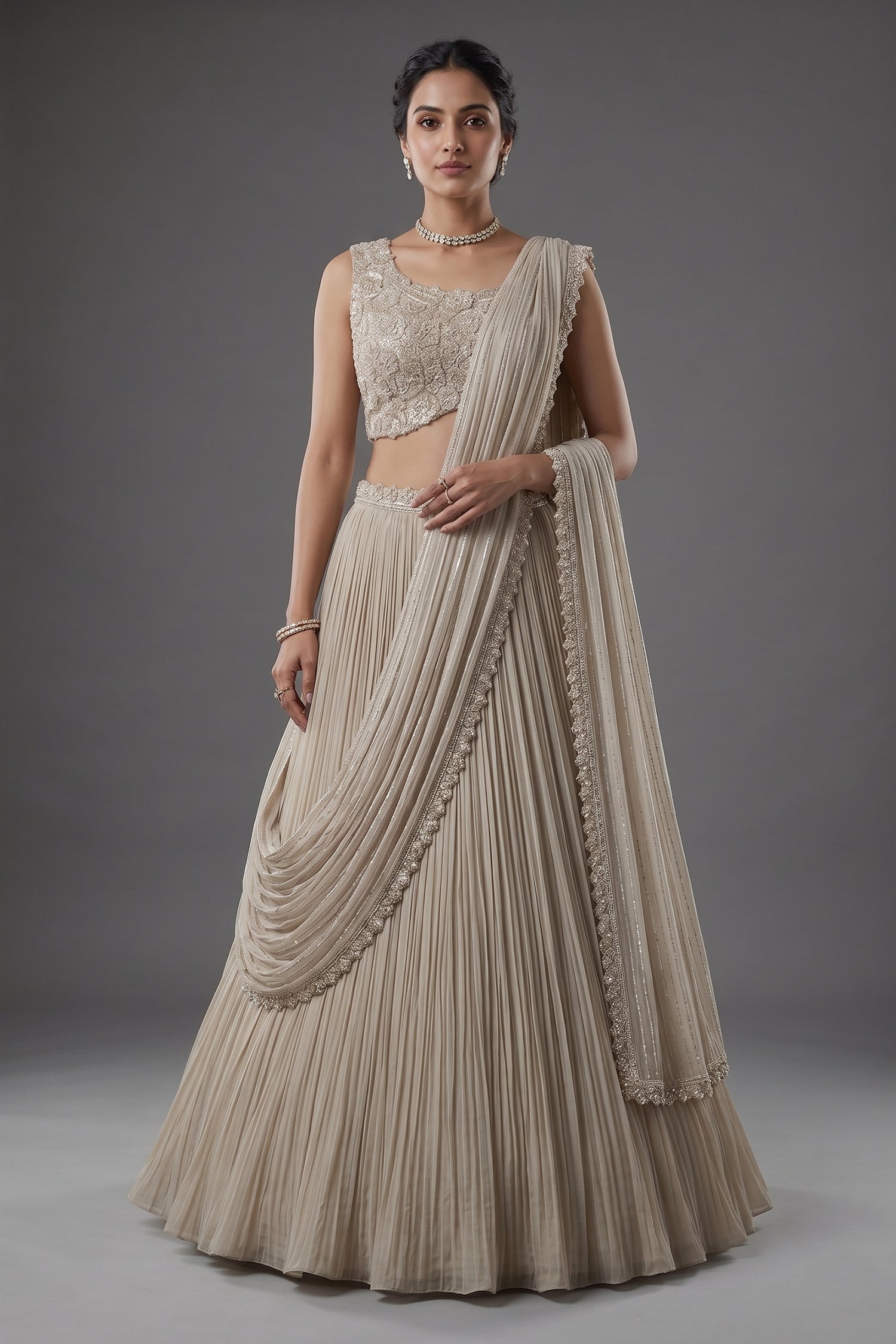 Grey Chinon Silk Sequin Cutdana Work Lehenga with Attached Dupatta - grey silk saree Main image