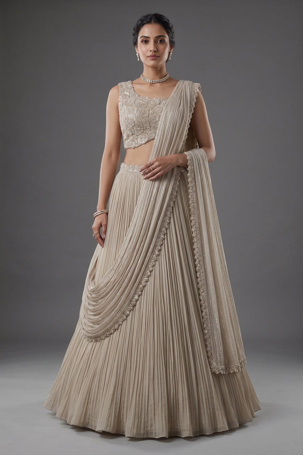 Grey Chinon Silk Sequin Cutdana Work Lehenga with Attached Dupatta - grey silk saree