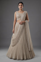 Grey Chinon Silk Sequin Cutdana Work Lehenga with Attached Dupatta - grey silk saree
