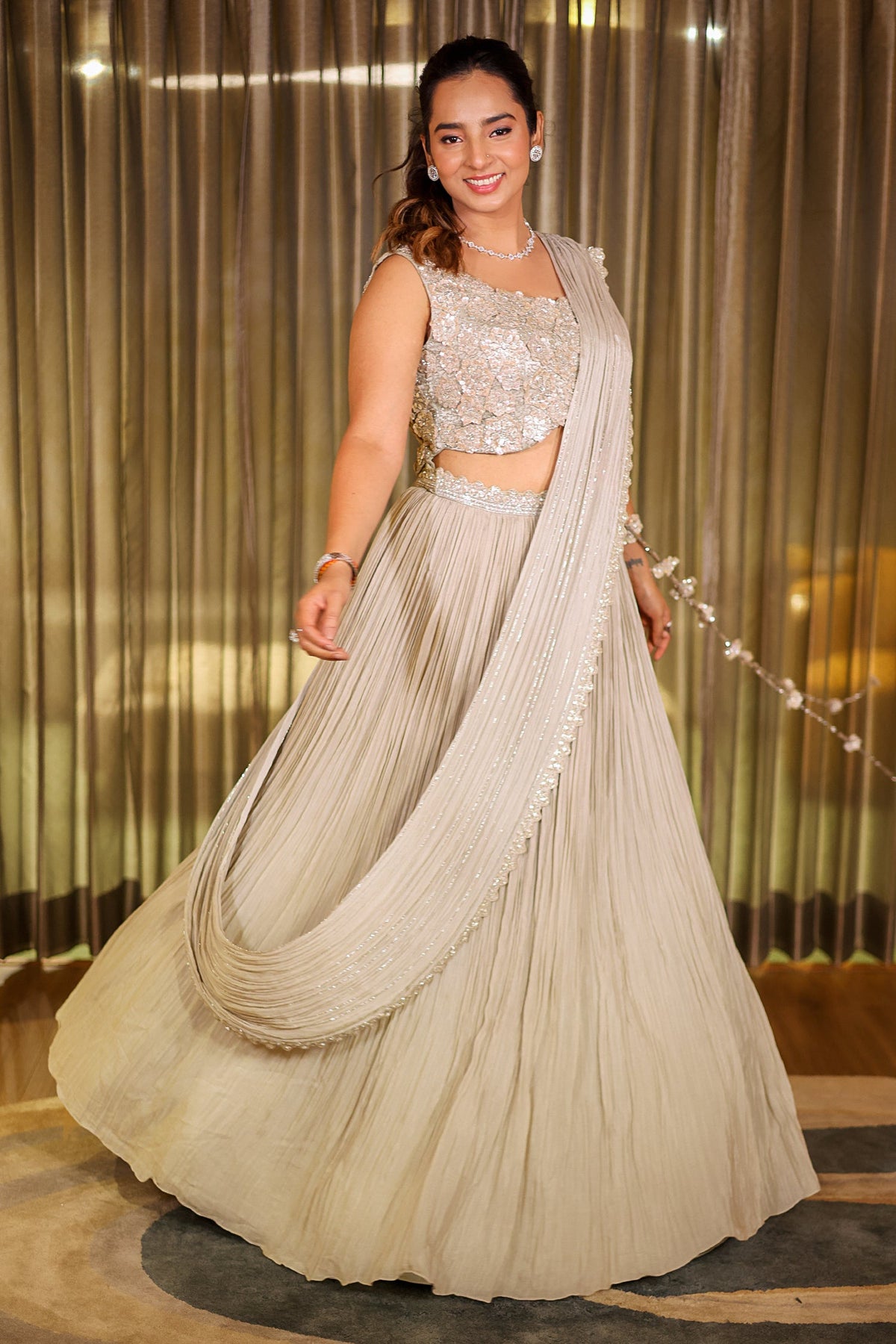 Grey Chinon Silk Sequin Cutdana Work Lehenga with Attached Dupatta - grey silk saree