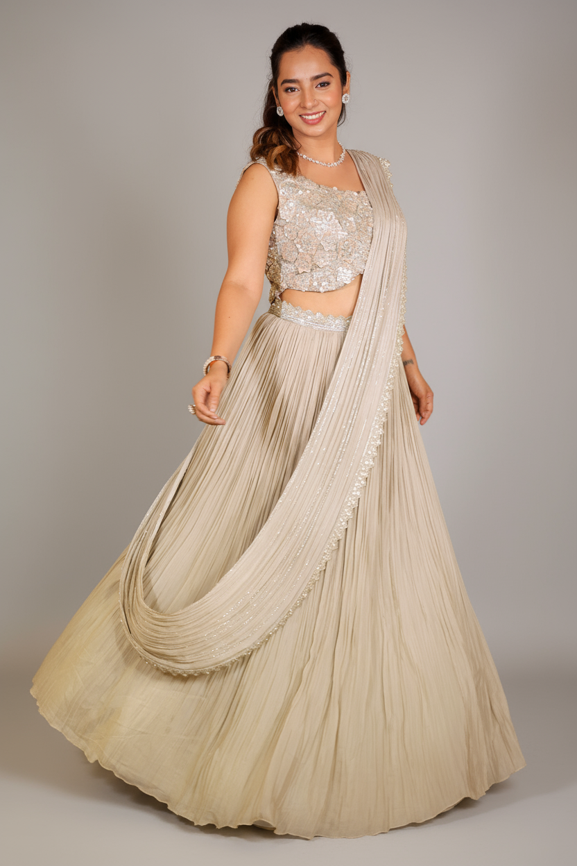 Grey Chinon Silk Sequin Cutdana Work Lehenga with Attached Dupatta - grey silk saree