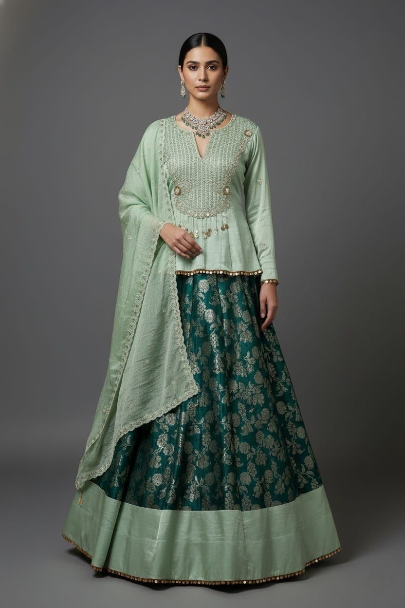 Teal Green Brocade Banarasi Silk Floral Woven Lehenga with Peplum Blouse - green silk saree Main image