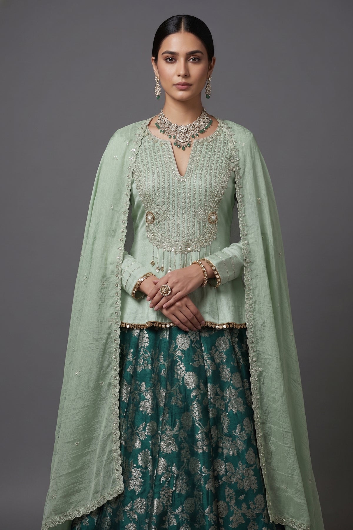 Teal Green Brocade Banarasi Silk Floral Woven Lehenga with Peplum Blouse - green silk saree