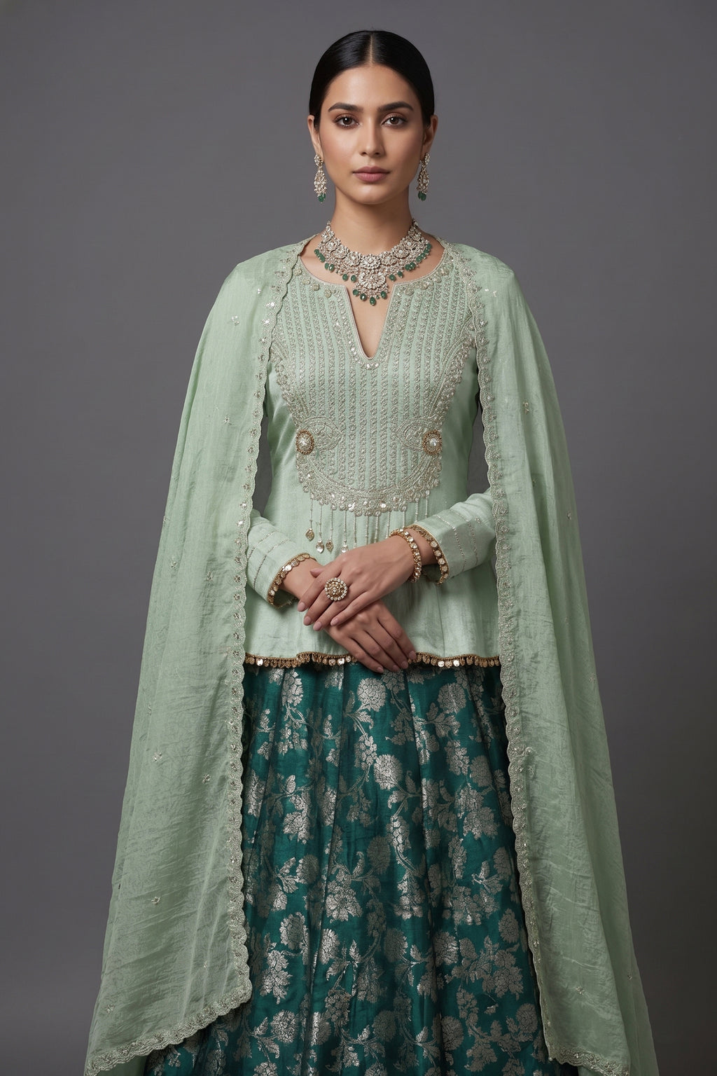 Teal Green Brocade Banarasi Silk Floral Woven Lehenga with Peplum Blouse - green silk saree