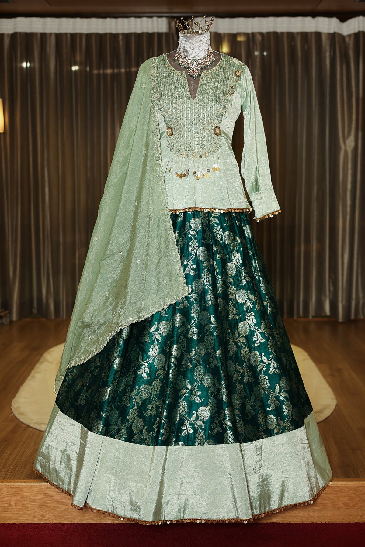 Teal Green Brocade Banarasi Silk Floral Woven Lehenga with Peplum Blouse - green silk saree