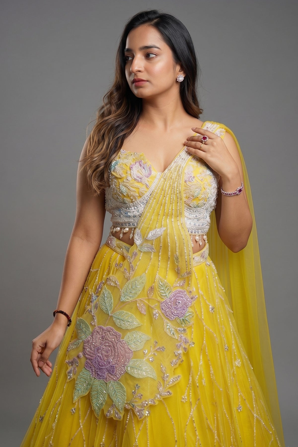Yellow Net Floral Patch Lehenga with Sequin Beaded Work - yellow net saree