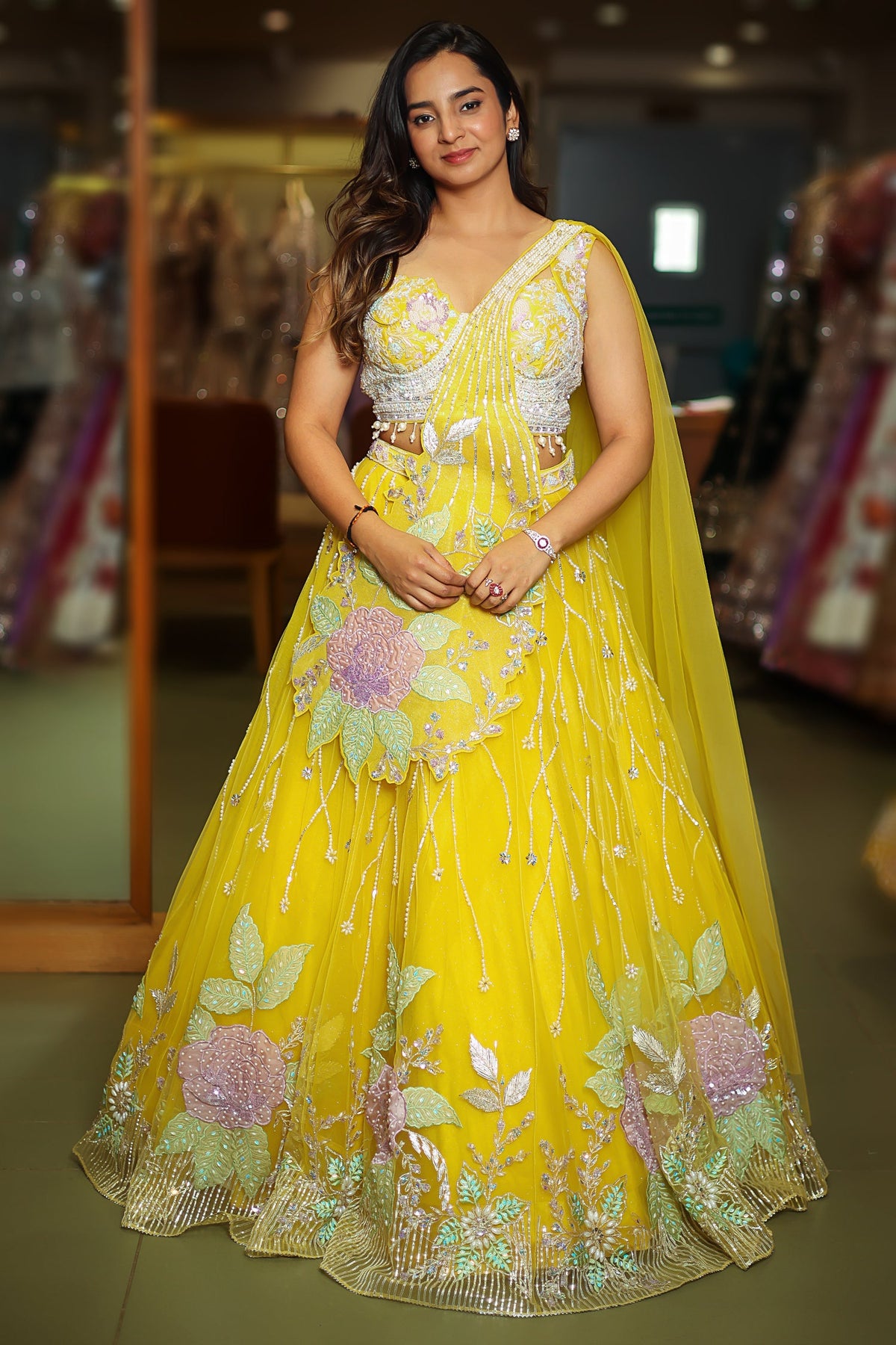 Yellow Net Floral Patch Lehenga with Sequin Beaded Work - yellow net saree