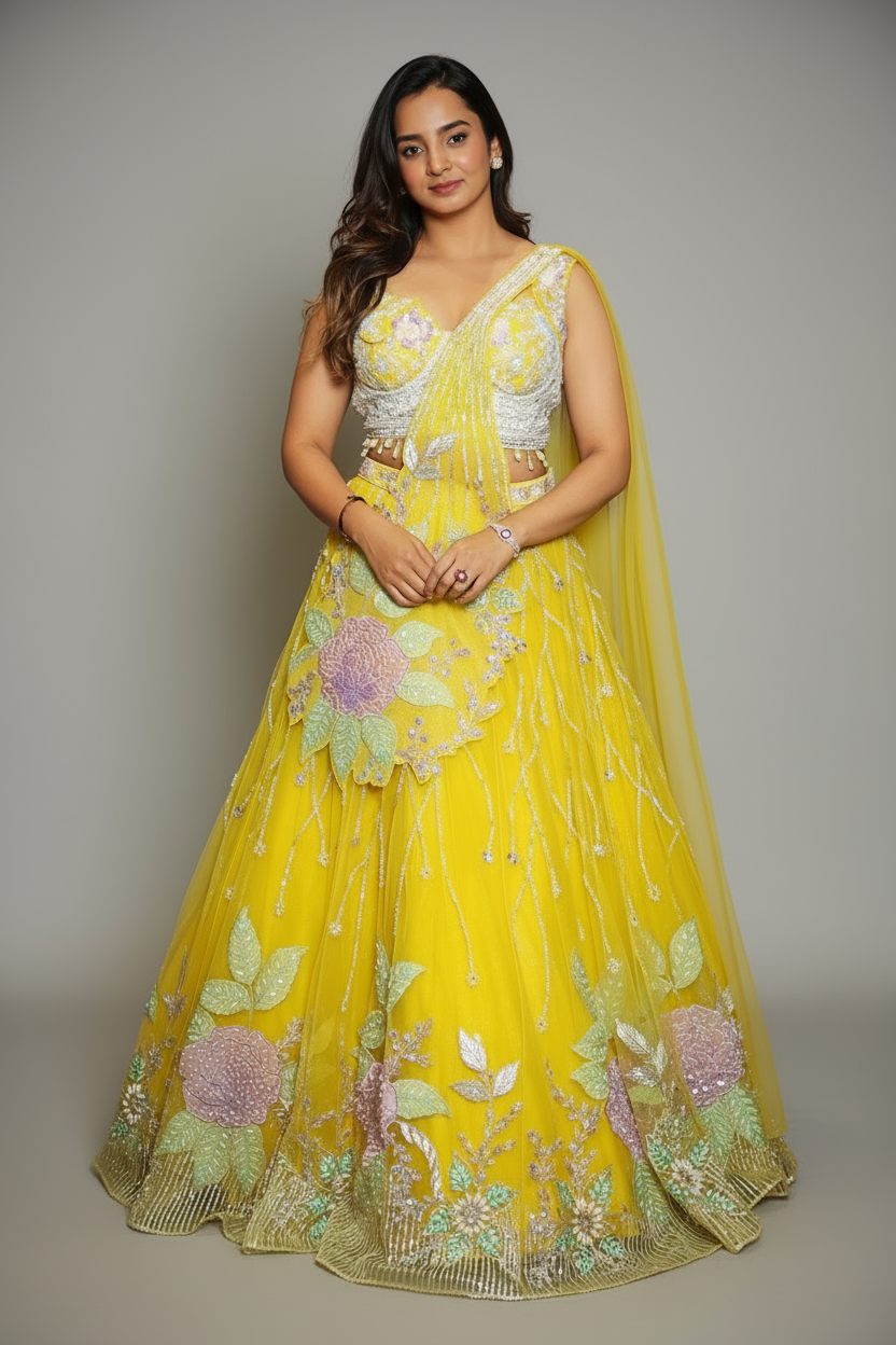 Yellow Net Floral Patch Lehenga with Sequin Beaded Work - yellow net saree Main image