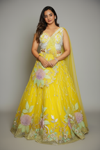 Yellow Net Floral Patch Lehenga with Sequin Beaded Work - yellow net saree