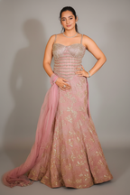 Light Blush Pink Tissue Fish Cut Sequin Beaded Lehenga with Corset - pink saree