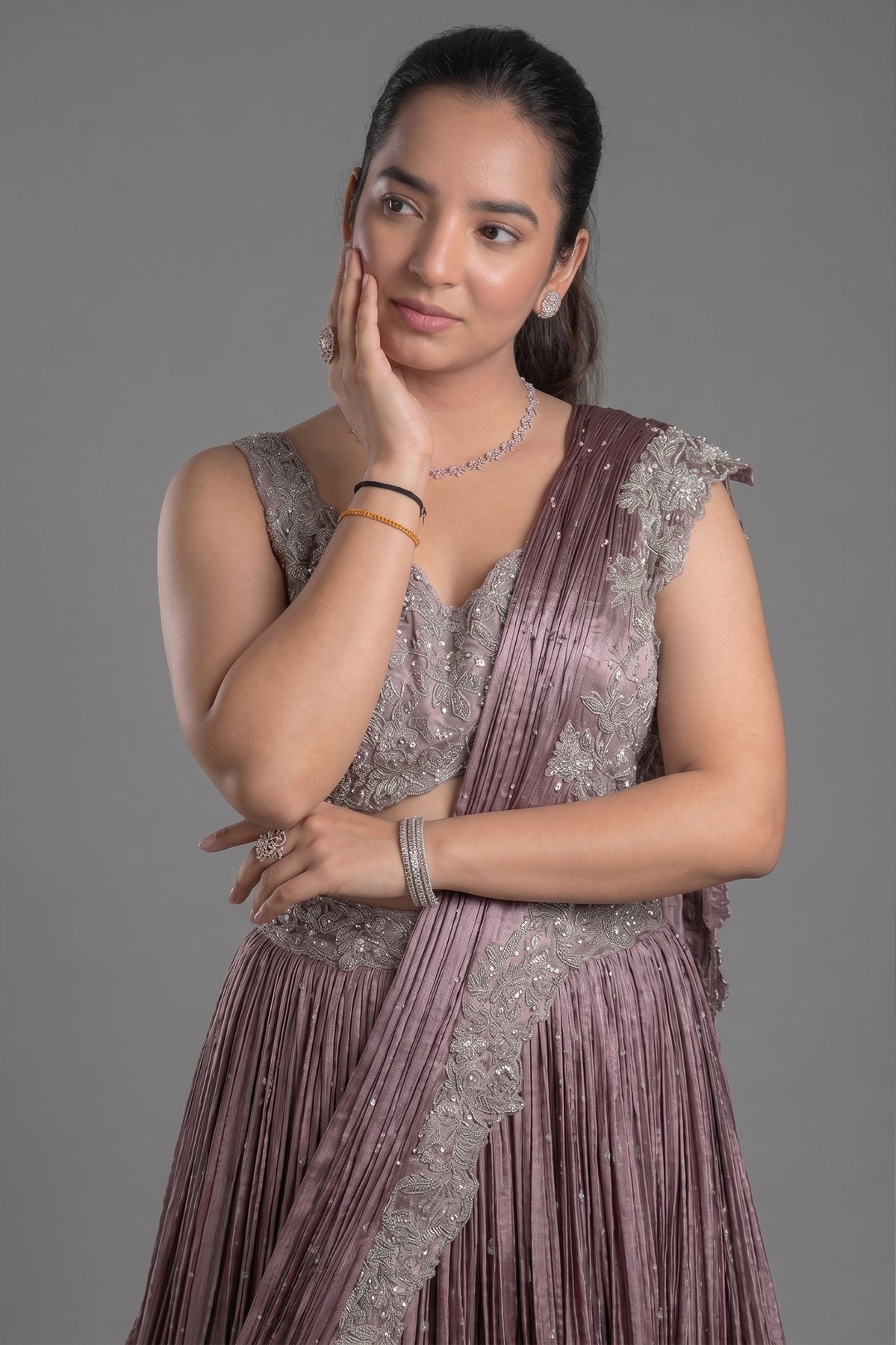 Mauve Chinon Silk Cutdana Sequin Work Lehenga with Attached Dupatta - silk saree