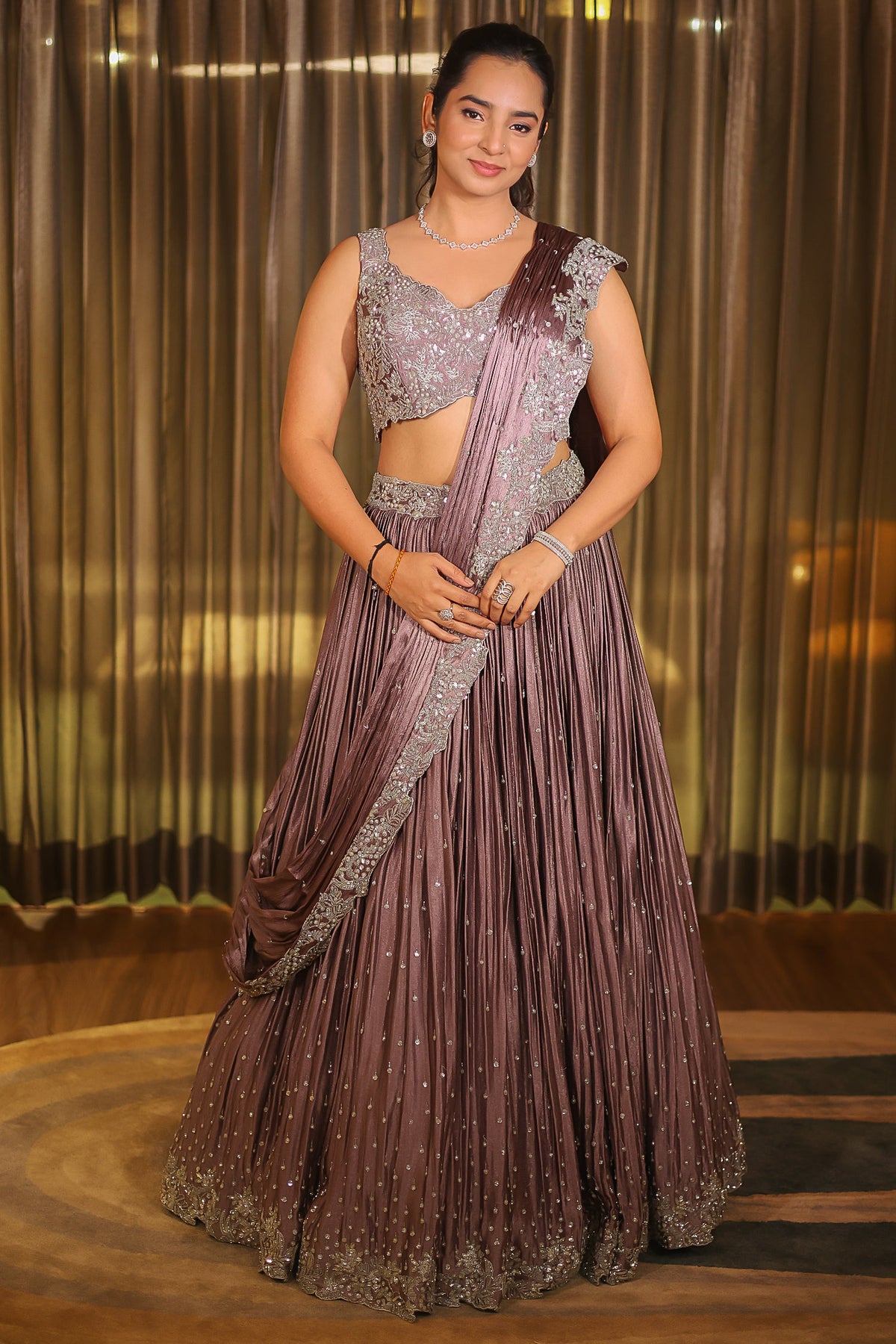 Mauve Chinon Silk Cutdana Sequin Work Lehenga with Attached Dupatta - silk saree