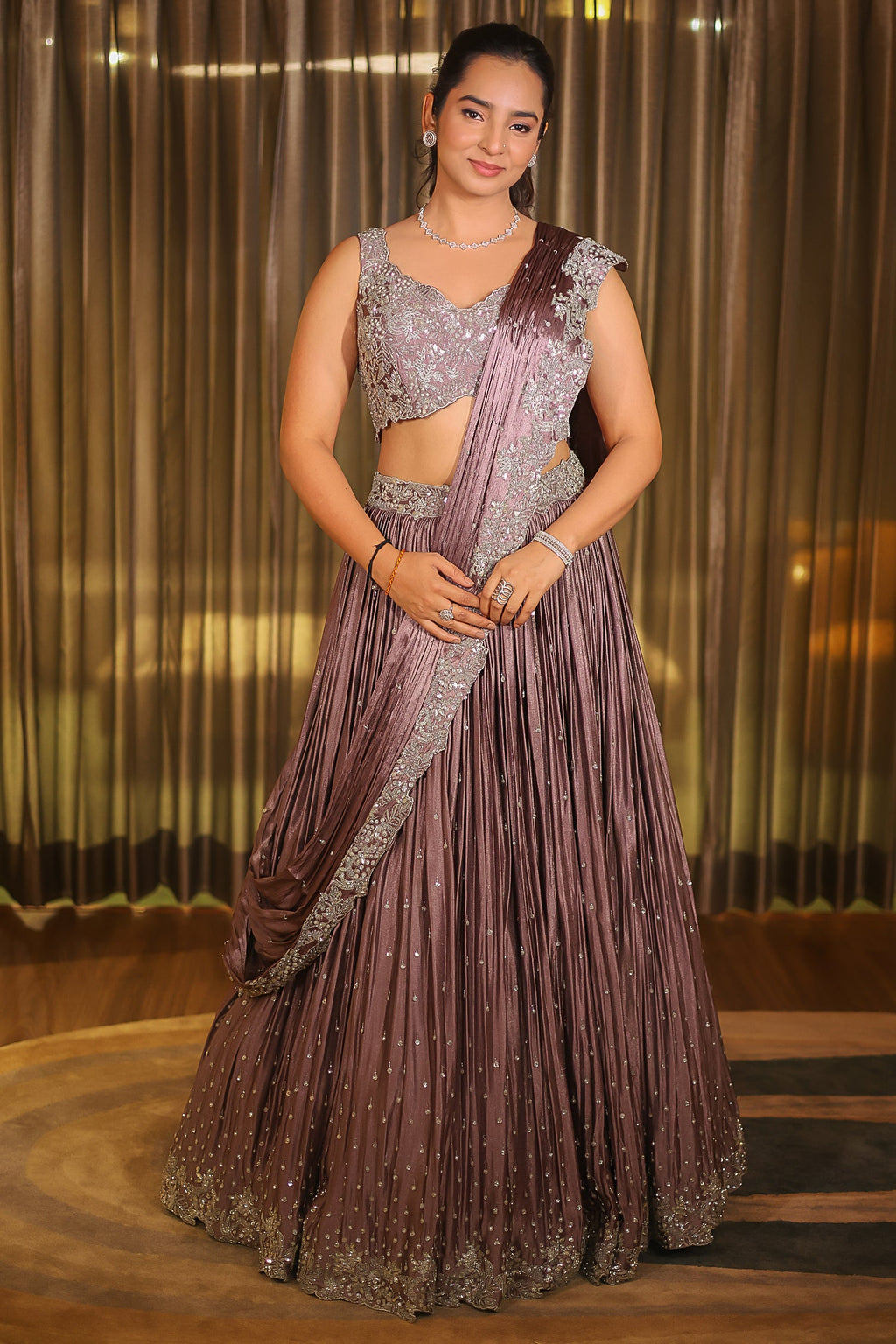 Mauve Chinon Silk Cutdana Sequin Work Lehenga with Attached Dupatta - silk saree