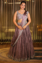 Mauve Chinon Silk Cutdana Sequin Work Lehenga with Attached Dupatta - silk saree