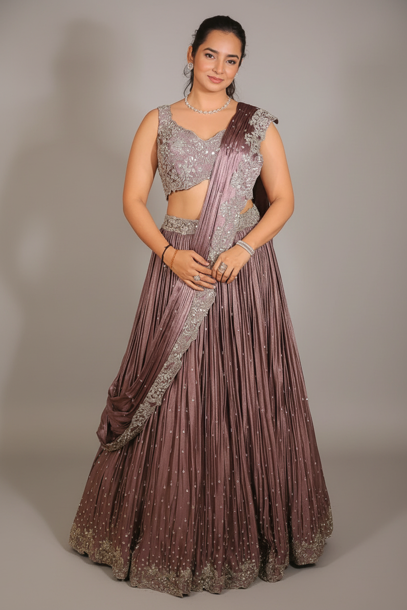Mauve Chinon Silk Cutdana Sequin Work Lehenga with Attached Dupatta - silk saree