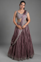 Mauve Chinon Silk Cutdana Sequin Work Lehenga with Attached Dupatta - silk saree