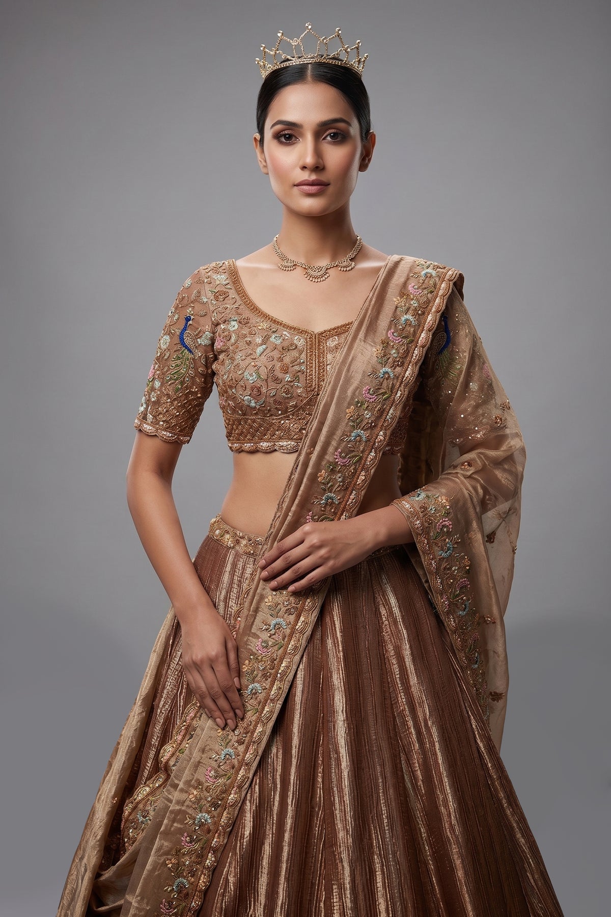 Chocolate Brown Munga Silk Woven Lehenga with Zardosi Beaded Work and Peacock Motif Broad Border - brown silk saree