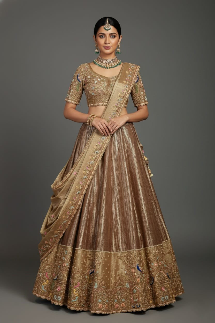 Chocolate Brown Munga Silk Woven Lehenga with Zardosi Beaded Work and Peacock Motif Broad Border - brown silk saree Main image