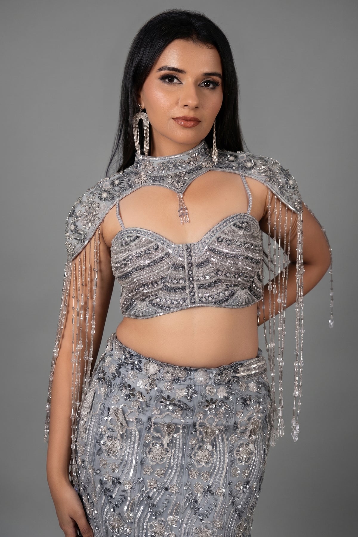 Powder Blue Net Fish Cut Designer Cutdana Sequin Worked Lehenga with Embellished Cape Blouse - blue net saree