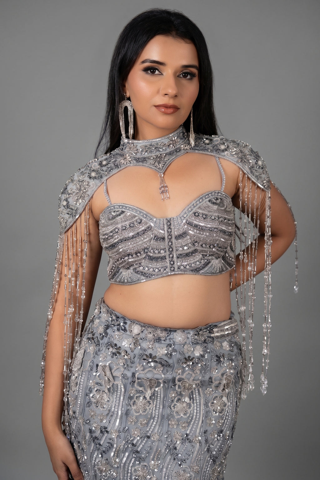 Powder Blue Net Fish Cut Designer Cutdana Sequin Worked Lehenga with Embellished Cape Blouse - blue net saree