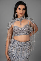 Powder Blue Net Fish Cut Designer Cutdana Sequin Worked Lehenga with Embellished Cape Blouse - blue net saree