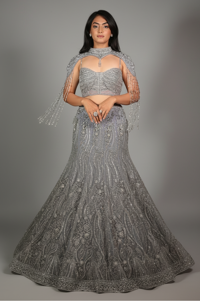 Powder Blue Net Fish Cut Designer Cutdana Sequin Worked Lehenga with Embellished Cape Blouse - blue net saree
