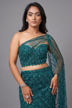 Teal Blue Net Embellishment Fish Cut Sequin Cutdana Work Lehenga with One Shoulder Cape Corset - blue net saree