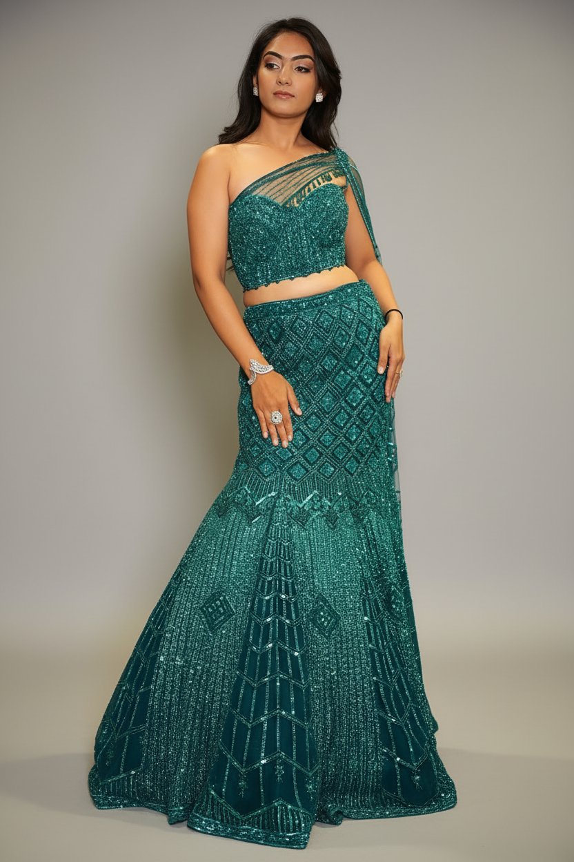 Teal Blue Net Embellishment Fish Cut Sequin Cutdana Work Lehenga with One Shoulder Cape Corset - blue net saree